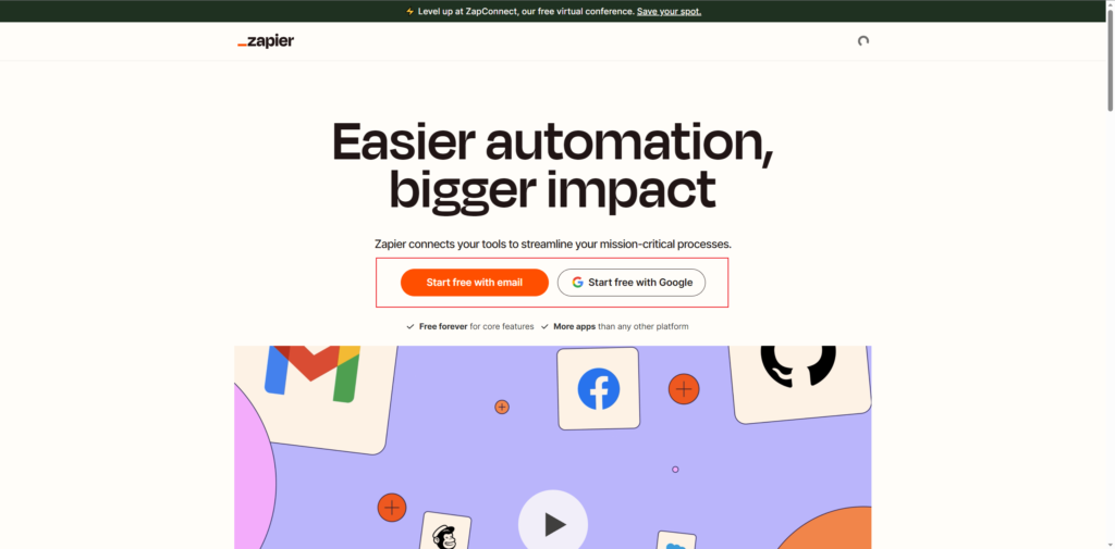 透過 Zapier 實現自動化:介紹、功能和使用案例 2 Zapier首頁註冊