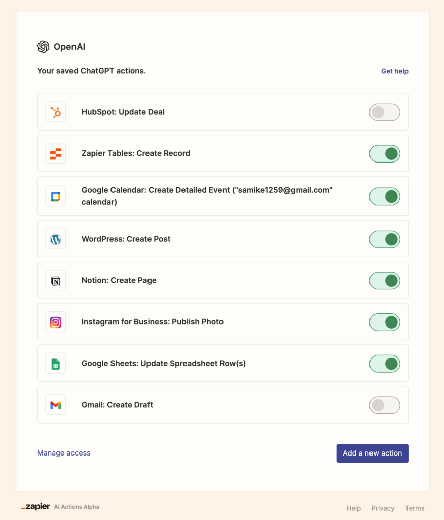 EP.3 Zapier – 如何在 ChatGPT 上進行自動化任務:安裝指南 4 ChatGPT action setting with zapier