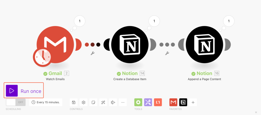 EP.1 使用 Make 自動化工具輕鬆串接 Gmail 與 Notion,建立個人知識庫 11 Make-點擊 Run once 就可以執行了