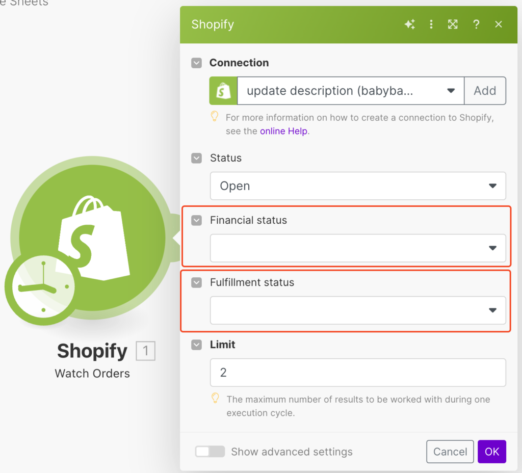 EP.2 Make - 與 Shopify 串接 :自動化你的電商工作流程 2 make.com 當中的 shopify trigger 設置為 watch order,裡頭還有一些細節要注意